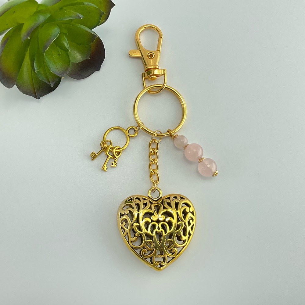 Gold Filigree Heart Purse Charm, Key Chain, Rose Quartz & Miniature Keys Charm